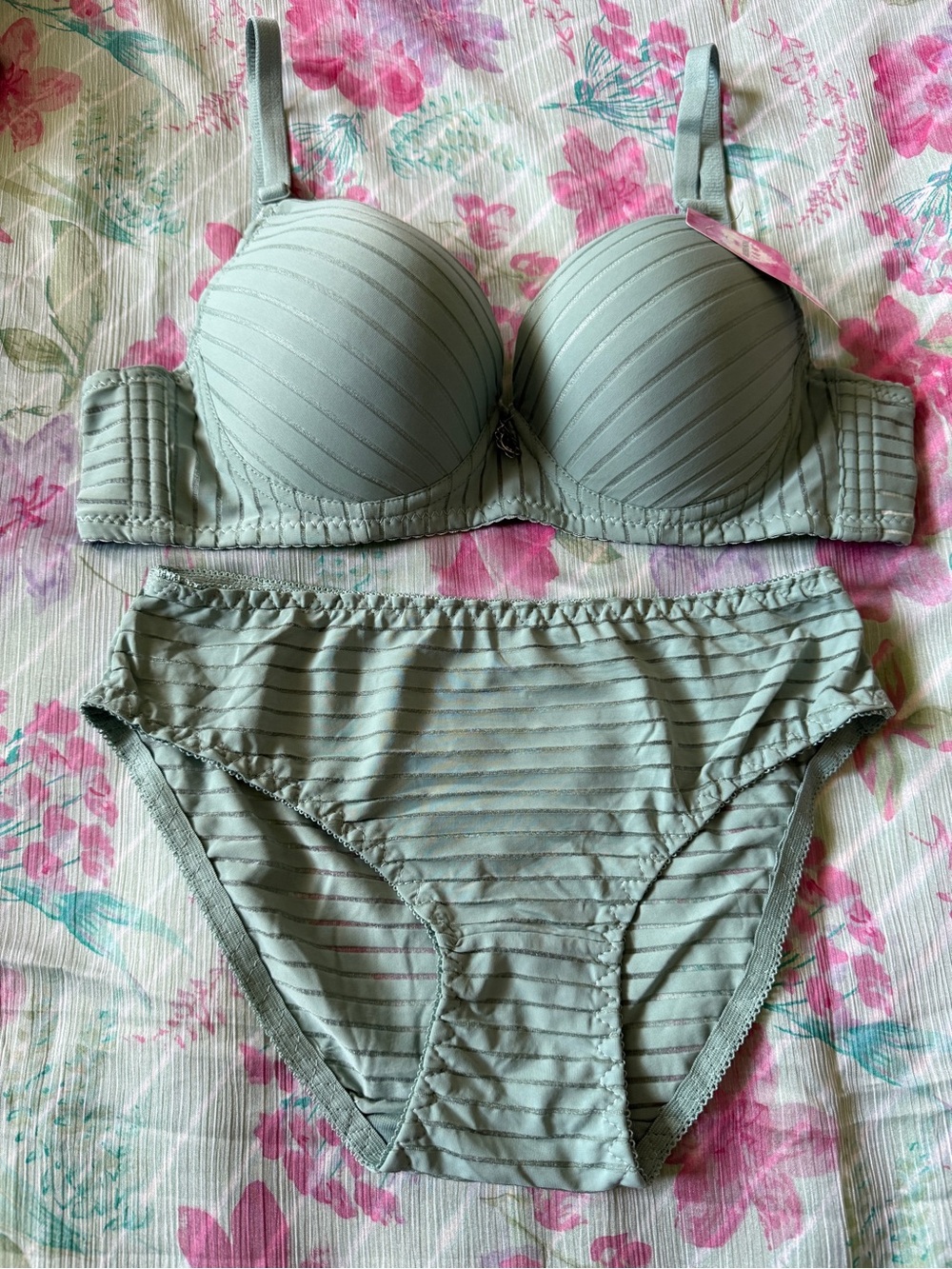 Soft Mint Striped Push-Up Bra & Brief Set - Women Intimates